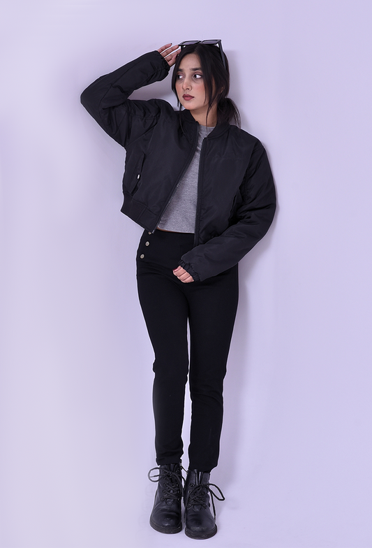 Black Ruched Sleeve Bomber